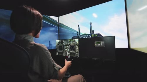 Woman Using Sophisticated Flight Simulator for Pilot Training