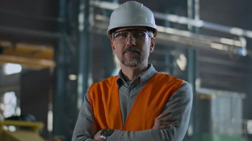 Man in Hardhat With Arms Crossed in Factory
