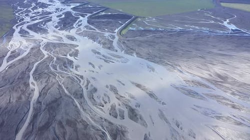Aerial View of Glacier River Branches from Above, Icelandic Glacial River Bed and Moraine by Drone.