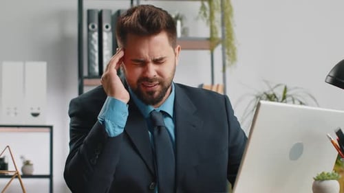 Tired Caucasian Business Man Suffering From Headache Problem Tension Migraine Stress at Home Office