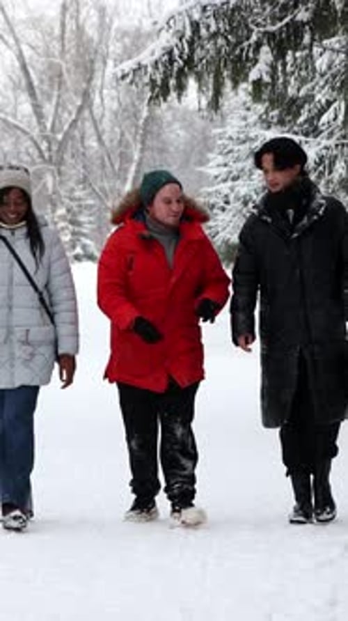 Group of Diversity Friends Walking in the Winter Forest and