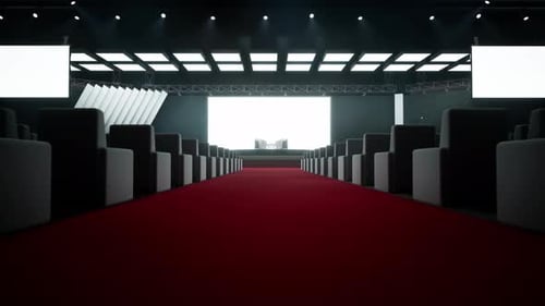 Empty Modern Conference Hall with Red Carpet and Bright Stage Lighting