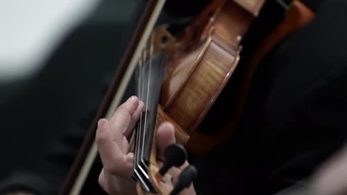 Violin music instrument on hands of professional violinist performing on concert