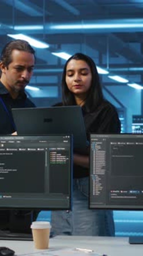 Software Developers Collaborating at Computer Workstation