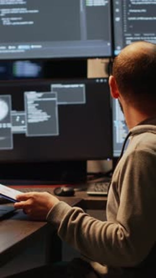 Vertical Video Male IT Engineer Analyzing Web Data on Clipboard Papers and Screens