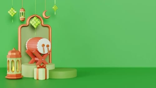 Islamic Decoration Background With Podium, Bedug Drum, Lantern And Ketupat. 3D Animation