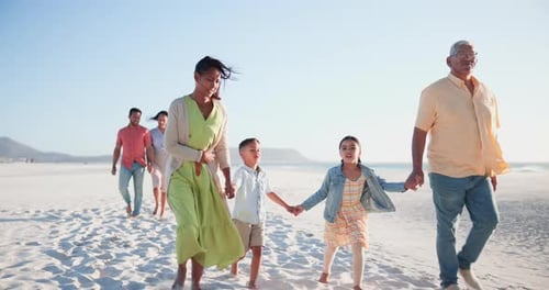 Big family, grandparents and parents with children on beach for walking