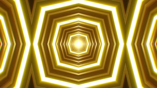 Golden Hexagon Tunnel Abstract Art Design Digital Pattern Background Bright Light 3D Loops