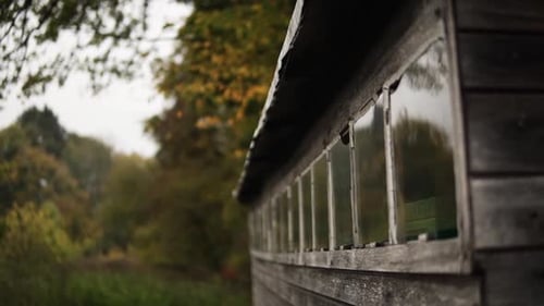 Beautiful barn outisde in the middle of the forest while raining.