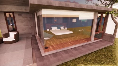 Modern bedroom interior with glass walls in eco friendly home