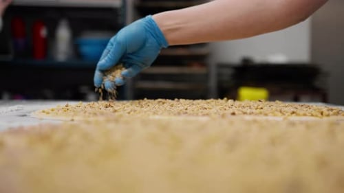 the process of making cinnabons, a woman baker uses chocolate in granules for baking