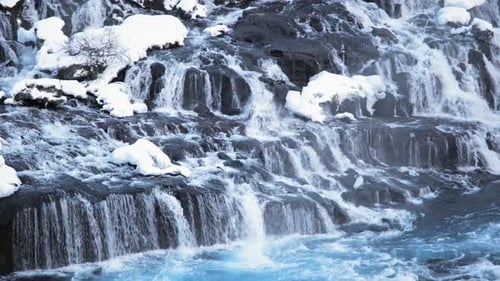 Waterfall Iceland Snow Ice Mountain Cold River Winter Blue Glacial Water Magical Landscape Tourist