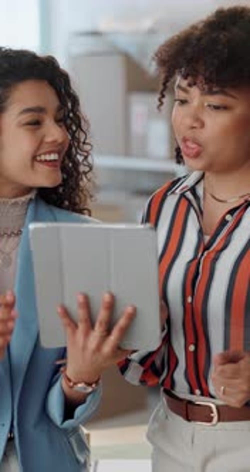 Collaboration, tablet and happy professional woman check ecommerce store delivery