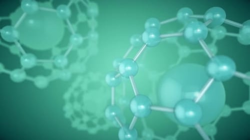 Molecular structure with blue atoms and bonds in green background