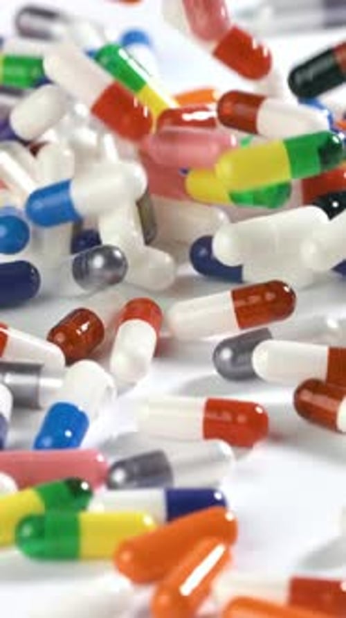 Die
Pillen fallen in Zeitlupe auf eine weiße Oberfläche. Vertikales Video.