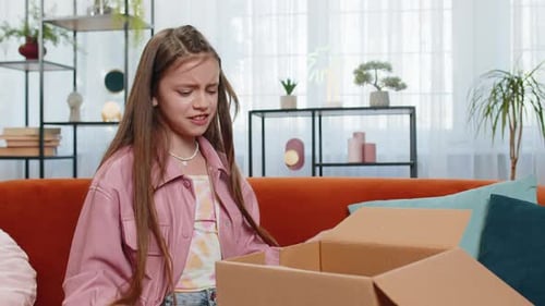 Angry Dissatisfied Shopper Girl Unpacking Parcel Feeling Upset Mistake Delivery Broken Purchase Gift