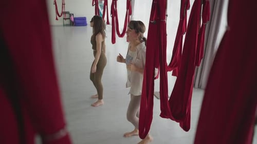 Blindfolded Practitioners Shaking And Clapping Under Aerial Hammocks