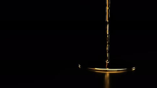 Realistic Animation of Gold Paint Pouring Onto Flat Mirror Surface at Black Background