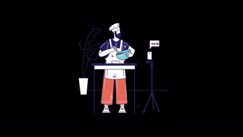 Chef europeo que prepara un plato en un entorno de transmisión en vivo.