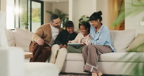 Relax, parents and children with tablet on couch, comedy cartoon and streaming subscription