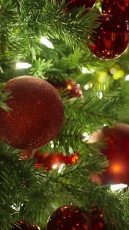 Decorative Red Ornament Among Lush Pine Branches with Shimmering Glow