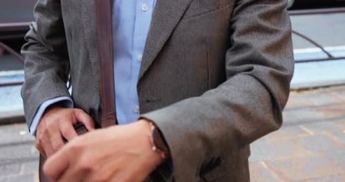 Mature, business man or check watch with waiting for public transport, schedule or time management