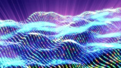 Abstract bright glowing blue rays waves and lines from particles and dots in the form of a field wit