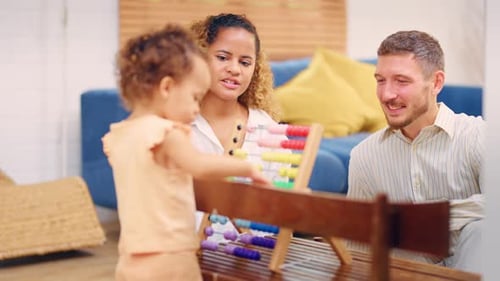 Caucasian family spending leisure free time together indoors in house.