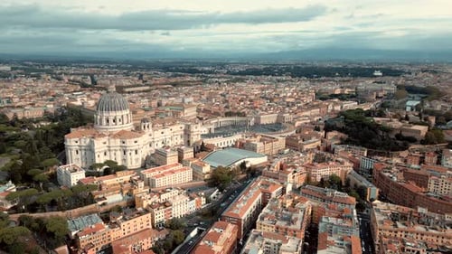 Rome Italy Vatican City St. Peter the Apostle Square train tracks aerial view drone side flight view
