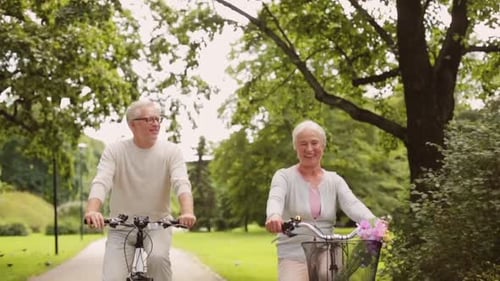Active Old Age, People and Lifestyle Concept - Happy Senior Couple Riding