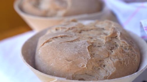 Freshly baked bread dough resting in proofing baskets in a warm, rustic kitchen