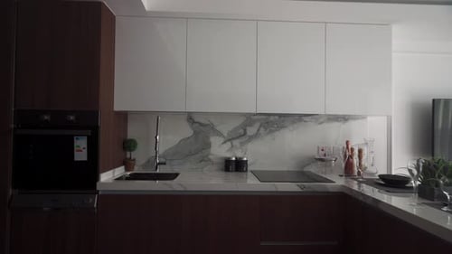 Resort Modern Kitchen in Luxury Apartment Showcases Sleek Design Highend Appliances Marble