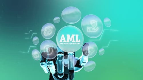 Futuristic Robotic Hand Interacting with AML Anti Money Laundering Data Interface