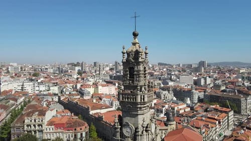 Aerial view of the Porto cityscape and the historic Clerigos Tower in Porto, Portugal