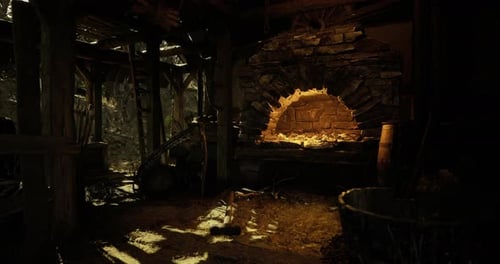 Rustic Old Workshop Interior with Glowing Stone Oven Fire