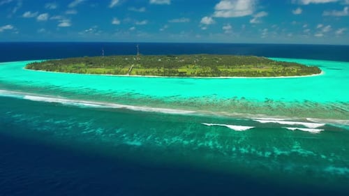 Aerial View on Thoddoo Beautiful Tropical Fruit Island with Palm and Fruit Trees From Above