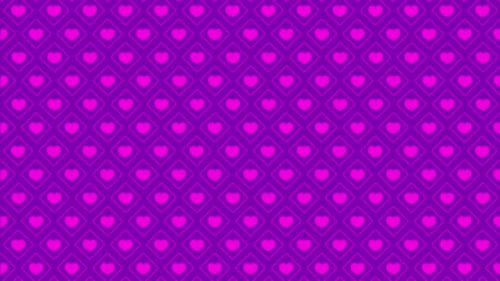 Pulsing Pink Hearts on Purple Geometric Pattern