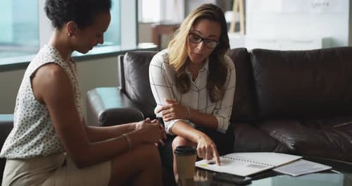 Portfolio, talking and business people, team or discussion on advertising feedback numbers