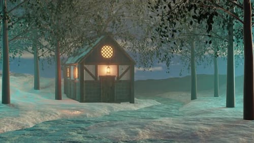 3D Rendering of Illuminated Wooden Cottage in Forest at Winter Daytime