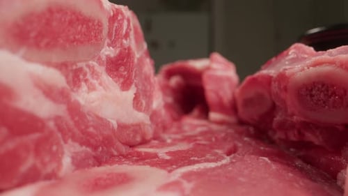 Raw Minced Meat Macro Probe Lens Beef or Pork Red Minced Burger Meat Close Up Tunnel Rotation