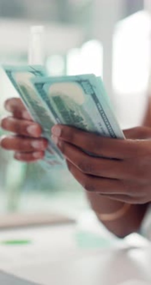 Hands, business woman and money in office for financial profit, wealth management or salary