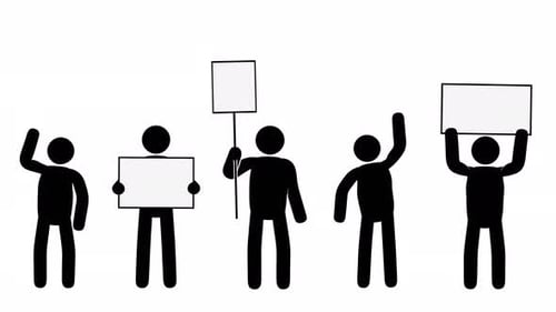 Animated Stick Figures Protesting with Blank Signs Flat Design
