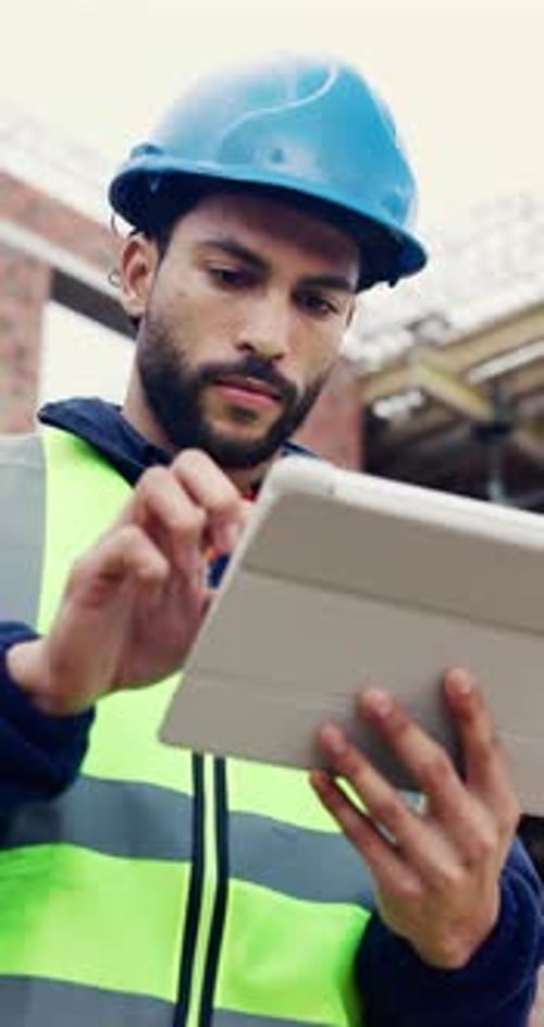 Tablet, man and scroll on construction site with developer for building