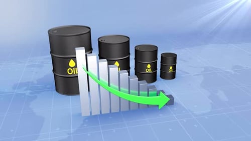 Oil Price Drop with Oil Barrels and Green Arrow Oil Price Decreasing Graph Animation