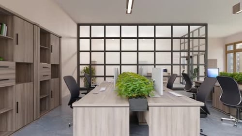 3D Office Interior Work Place Computers Tables and Cabinets