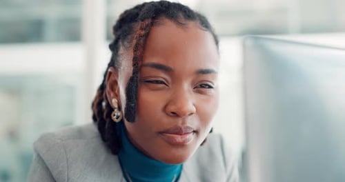 Reading, business and black woman in office for research, finance review and online feedback