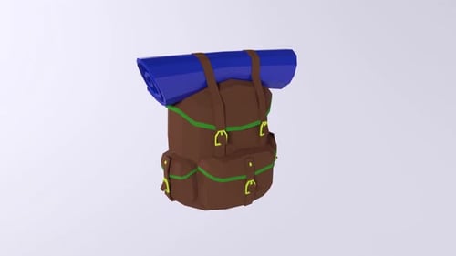Animated 3D Low Poly Backpack with Sleeping Bag