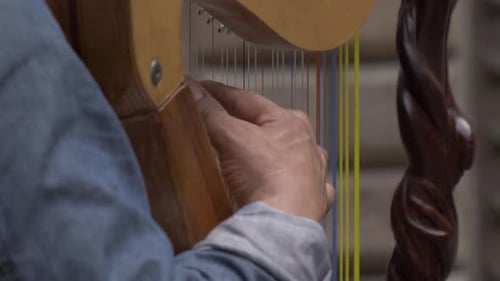 Close up man playing the harp stringed musical instrument in street