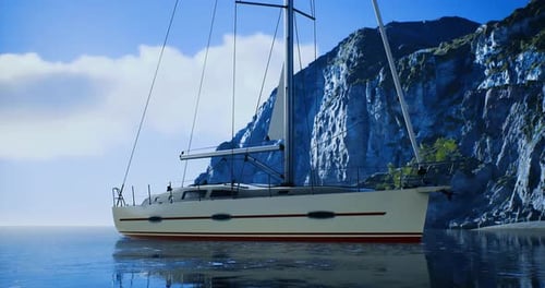 Sailboat Cruising Near a Rocky Shore Under a Clear Blue Sky