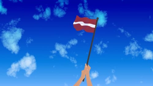 Animated Hands Holding Waving Latvian Flag in Blue Sky